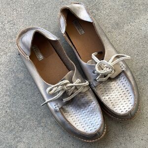 OluKai Silver Leather Moku Perforated Deck Shoes, 10